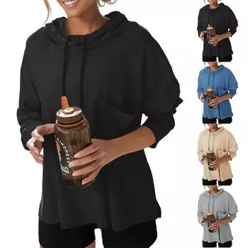 Женские негабаритные толстовки с длинными рукавами, повседневная свободная толстовка с капюшоном и завязками с боковыми разрезами для тренировок L серый