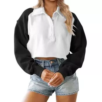 Женские негабаритные толстовки с круглым вырезом, футболки с длинными рукавами и цветными блоками, повседневные топы L чёрный