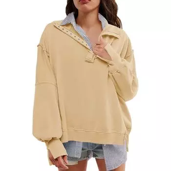 Женские негабаритные толстовки с круглым вырезом, футболки с длинными рукавами и цветными блоками, повседневные топы L бежевый