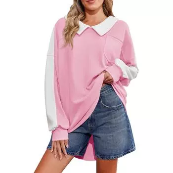 Женские негабаритные толстовки с круглым вырезом, футболки с длинными рукавами и цветными блоками, повседневные топы L чёрный