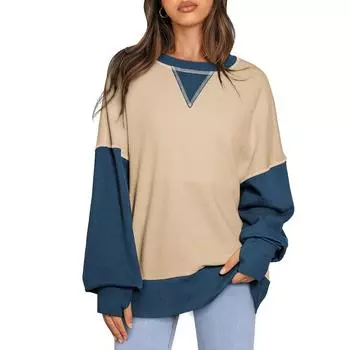 Женские негабаритные толстовки с круглым вырезом, футболки с длинными рукавами и цветными блоками, повседневные топы L синий
