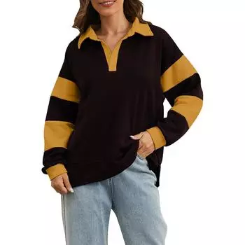 Женские негабаритные толстовки с круглым вырезом, футболки с длинными рукавами и цветными блоками, повседневные топы L чёрный