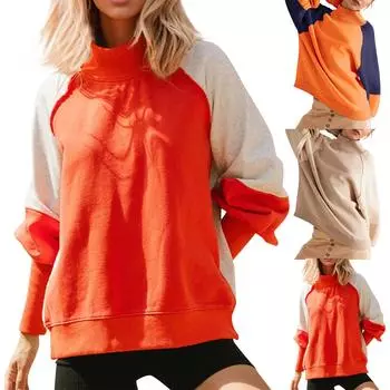 Женские негабаритные толстовки с круглым вырезом, футболки с длинными рукавами и цветными блоками, повседневные топы XXL бежевый