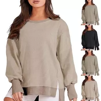 Женские негабаритные толстовки с круглым вырезом, футболки с длинными рукавами и цветными блоками, повседневные топы XXL чёрный