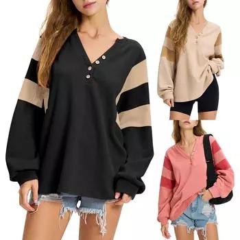 Женские негабаритные толстовки с круглым вырезом, футболки с длинными рукавами и цветными блоками, повседневные топы L бежевый