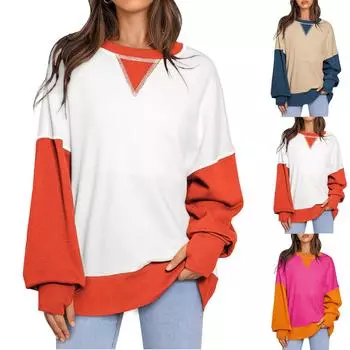 Женские негабаритные толстовки с круглым вырезом, футболки с длинными рукавами и цветными блоками, повседневные топы L синий