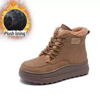 Женские нескользящие ботинки из овчины для снега осень/зима 2024 года: Теплые, толстые бархатные, ретро-хлопковые, короткие меховые сапоги на толстой подошве 38