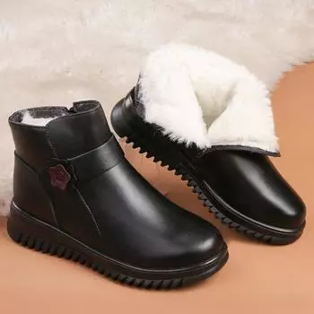 Женские нескользящие хлопковые туфли из натуральной кожи для женщин среднего и пожилого возраста. Теплые зимние короткие ботинки на молнии с флисовой подкладкой для мам. 35
