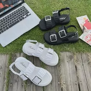Женские нескользящие летние сандалии на толстой подошве - универсальные однотонные шлепанцы с квадратной пряжкой для ношения на открытом воздухе 36-37