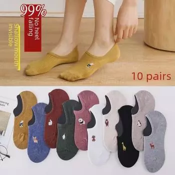 Женские нескользящие невидимые летние носки – тонкие, с милым рисунком животных, с неглубокой горловиной, из смеси хлопка One Size