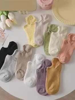 Женские нескользящие невидимые носки-лодочки - летний стиль, тонкие, неглубокие, короткие, с завязкой One Size вишня/фиолетовый