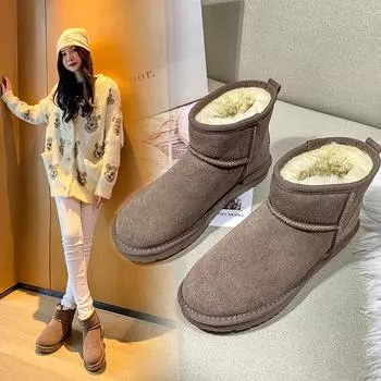 Женские нескользящие зимние ботинки из коровьей кожи 2025 года с плюшевой подкладкой, классические теплые зимние ботинки, укороченный дизайн 36