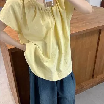 Женские нежные желтые рубашки с V-образным вырезом Свободные универсальные женские блузки с коротким рукавом Летний удобный пуловер Женский топ M