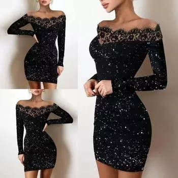 Женские Нижние Юбки Плюс Размер Женское Мини-Платье Дизайн Сращивания Одежда С Открытыми Плечами Узкое Платье-футляр для Клуба XL чёрный