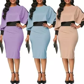 Женские нижние юбки больших размеров, большие размеры, с разрезом сзади, с цветными блоками, с длинным рукавом, женское платье-футляр миди XL фиолетовый