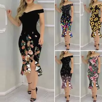 Женские нижние юбки больших размеров, летнее торжественное платье с цветочным принтом, с открытыми плечами, нерегулярное облегающее платье с разрезом и оборками для свадебной вечеринки, банкета S жёлтый