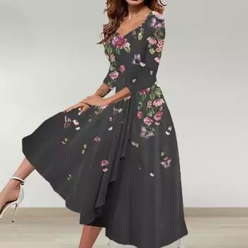 Женские нижние юбки больших размеров с v-образным вырезом и половиной рукавов, драпированное платье миди с большим подолом и принтом цветочных бабочек, женское элегантное платье, женская одежда XL синий