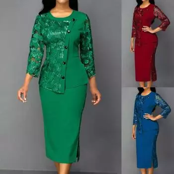 Женские нижние юбки больших размеров, женская кружевная блузка с длинными рукавами, топ с разрезом, облегающая юбка, офисный наряд 2XL красный