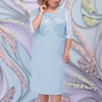 Женские нижние юбки больших размеров, женское платье с круглым вырезом, имитация двух частей, кружевное платье с половиной рукавов, женское платье среднего размера, женская одежда больших размеров L небесно-голубой