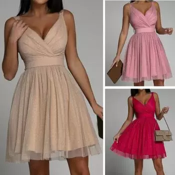 Женские нижние юбки размера плюс, банкетное платье, сетчатое блестящее платье без рукавов с большим подолом и глубоким v-образным вырезом, летнее платье, одежда для сценического шоу XL абрикосовый