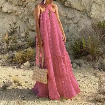 Женские нижние юбки размера плюс, без рукавов, с открытой спиной, с рюшами, пляжное платье с большим подолом, цветочный декор, женское длинное платье с лямкой на шее, сарафан S розовый