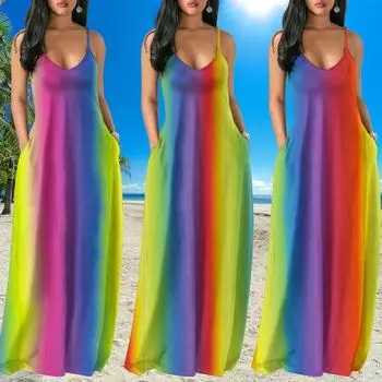 Женские нижние юбки размера плюс, бохо, галстук-краситель, радужный принт, v-образный вырез, женское платье макси на бретельках с карманами S фиолетовый