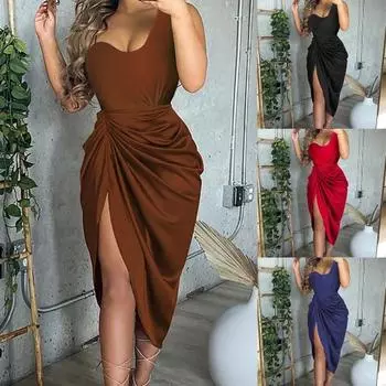 Женские нижние юбки размера плюс, драпированное облегающее платье на тонких бретельках с высоким вырезом на одно плечо, с разрезом по бокам, атласное платье миди, женская одежда M коричневый