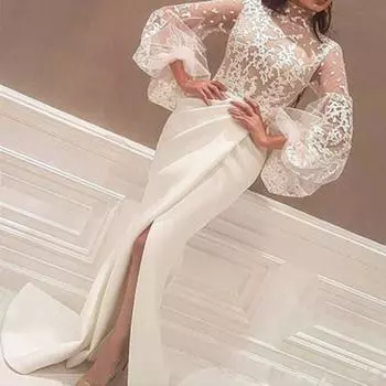 Женские нижние юбки размера плюс, прозрачная водолазка, вечернее платье с высокой талией и высоким разрезом по краю, с пышными рукавами, женское платье, женская одежда XL белый