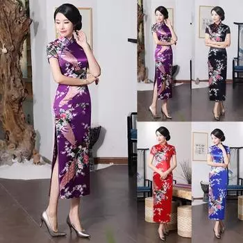 Женские нижние юбки размера плюс, женское китайское платье с коротким рукавом и разрезом павлина, Cheongsam, банкетное платье миди 3XL сапфир синий