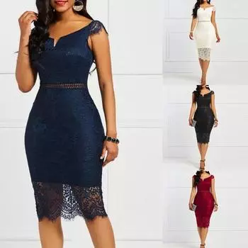 Женские нижние юбки размера плюс, женское облегающее платье с v-образным вырезом и короткими рукавами на молнии, кружевное ажурное платье L темно-синий
