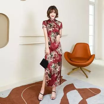 Женские нижние юбки размера плюс, женское платье Cheongsam с цветочным принтом, тонкое платье миди с короткими рукавами и разрезом для вечеринки 2XL фиолетовый