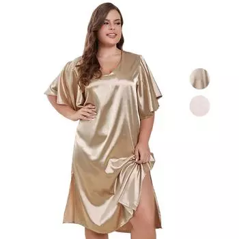 Женские ночные рубашки большого размера, имитация шелка, пижамы больших размеров, с короткими рукавами, атласная одежда для сна, большие пижамы, платья 1XL-4XL, домашняя одежда 1XL золотистый