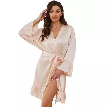 Женские ночные рубашки из искусственного шелка и атласа, ночные рубашки с длинными рукавами, банный халат со шнуровкой, сексуальные роскошные пижамы для осени и весны, для сна, отдыха, повседневной домашней одежды S шампанского