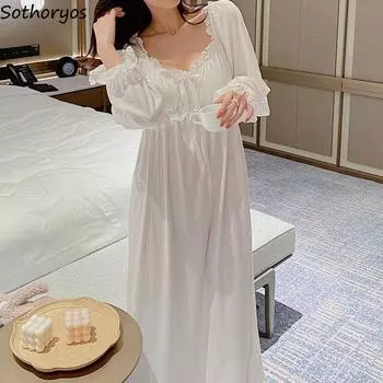 Женские ночные рубашки, кружевная нежная ночная рубашка с квадратным воротником, элегантная ретро-драпированная ночная рубашка до середины икры, уютная ночная рубашка с длинными рукавами XL