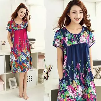 Женские ночные рубашки, новая хлопковая шелковая ночная рубашка, летнее платье, повседневная свободная ночная рубашка, женская ночная рубашка XXL синий