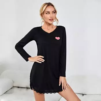 Женские ночные рубашки, одежда для сна и отдыха, пижамы с длинными рукавами, ночная рубашка с кружевной отделкой, домашние повседневные пижамы черного цвета