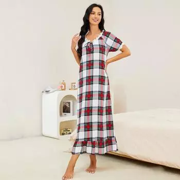 Женские ночные рубашки с короткими рукавами, клетчатые пижамы, ночное белье, домашняя одежда для сна, одежда для отдыха, весна-лето, повседневная одежда, платье S белый