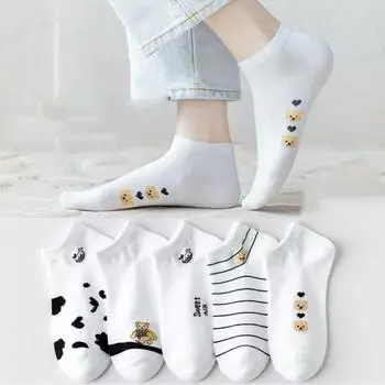 Женские носки, 5 пар белых носков-пипошек с рисунком