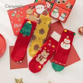 «Женские носки Caramella красного цвета средней длины из кораллового флиса для осени и зимы» One Size