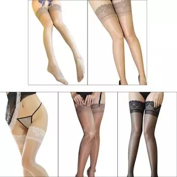 Женские носки цвета кожи, сексуальные нейлоновые эластичные глянцевые кружевные чулки до бедра с широкими полями 1