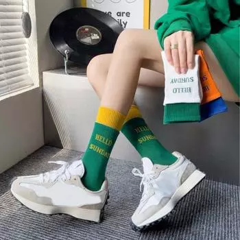 Женские носки длиной до середины голени с буквенным принтом Лоскутные уличные носки до щиколотки Эластичные носки средней длины для бега 5Pairs