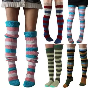 Женские носки до бедра, гетры, носки для девочек, теплые носки выше колена, рождественские вязаные носки с косичками One Size синий