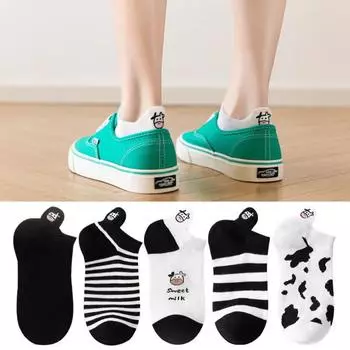 «Женские носки до щиколотки в черно-белую полоску с вышитым изображением мультяшной коровы — весенне-летние хлопковые носки-лодочки в студенческом стиле»