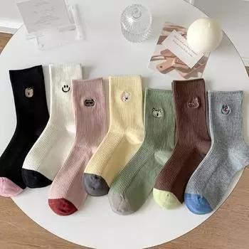 Женские носки Dongdaemun, двойная вязка, мультяшное выражение, смайлик, вышитое животное, женские хлопковые носки, средние носки-трубы, наборные носки One Size серый