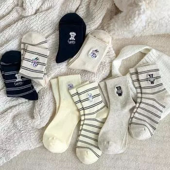 Женские носки Dongdaemun с милой вышивкой в виде маленьких животных из мультфильма, женские хлопковые носки среднего размера, носки-трубы Zhuji Socks Industry One Size