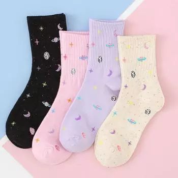 Женские носки, хлопковые короткие носки с планетой и космосом, милые короткие носки средней длины, розовые дизайнерские носки в стиле Харадзюку с луной и звездами, забавные носки One Size чёрный/фиолетовый горный величества