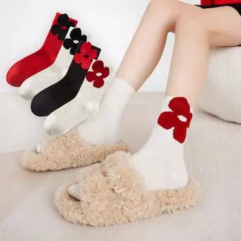 Женские носки Ins All-match Женские носки-трубы с 3D-цветком и средним ворсом Милые длинные женские носки-трубы one size чёрный