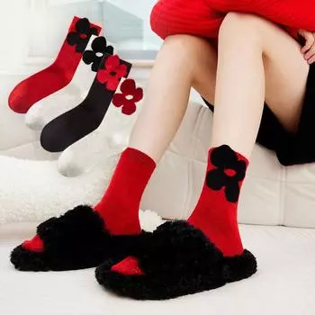 Женские носки Ins All-match Женские носки-трубы с 3D-цветком и средним ворсом Милые длинные женские носки-трубы one size чёрный