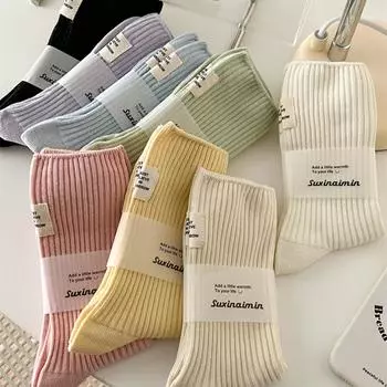 Женские носки из хлопка, трикотажные носки Harajuku Streetwear средней длины, однотонные, в японском стиле, для девочек, кавайные, эластичные, длинные носки