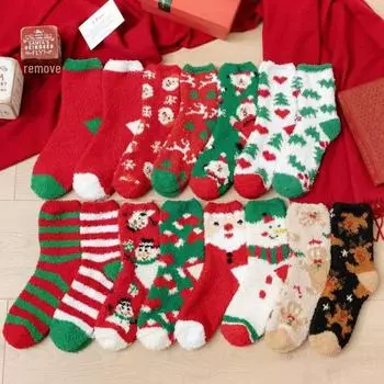 Женские носки кораллового бархата — уютный рождественский стиль, толстые и теплые для осени/зимы, идеально подходят для дома и сна. One Size белый/красный